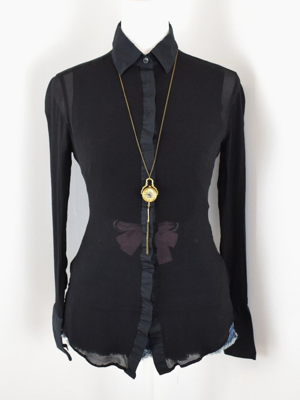 Black Sheer Mesh Contrasting Opaque Collar Cuffs Long Sleeve Button Up Blouse